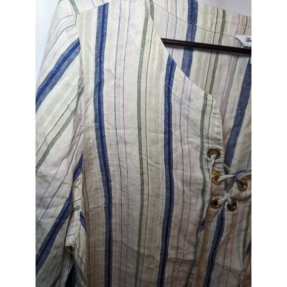 TOMMY BAHAMA Women's L Multicolor Metallic Striped Linen Blend Lace Up Tunic Top - Picture 2 of 14